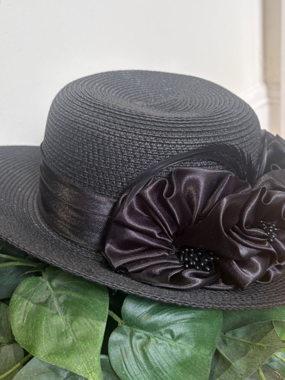 Swan Hat New York Paper Hat Black with Satin Flowers - Picture 6 of 7